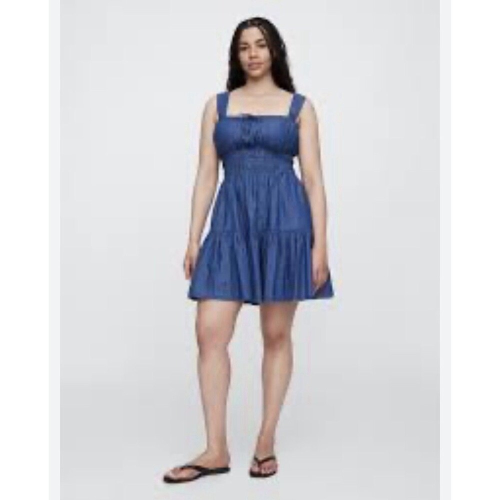 GAP Smocked Tie Front Denim Shirred Dress Women’s Size XXL Pockets